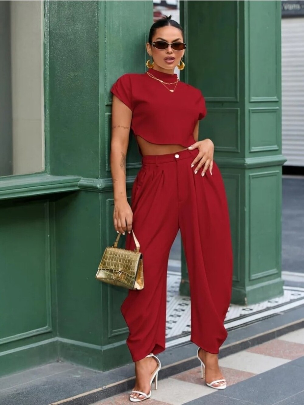 NWOT Red Two-Piece Pantsuit Set - Women's Crop Top & High-Waist Trousers